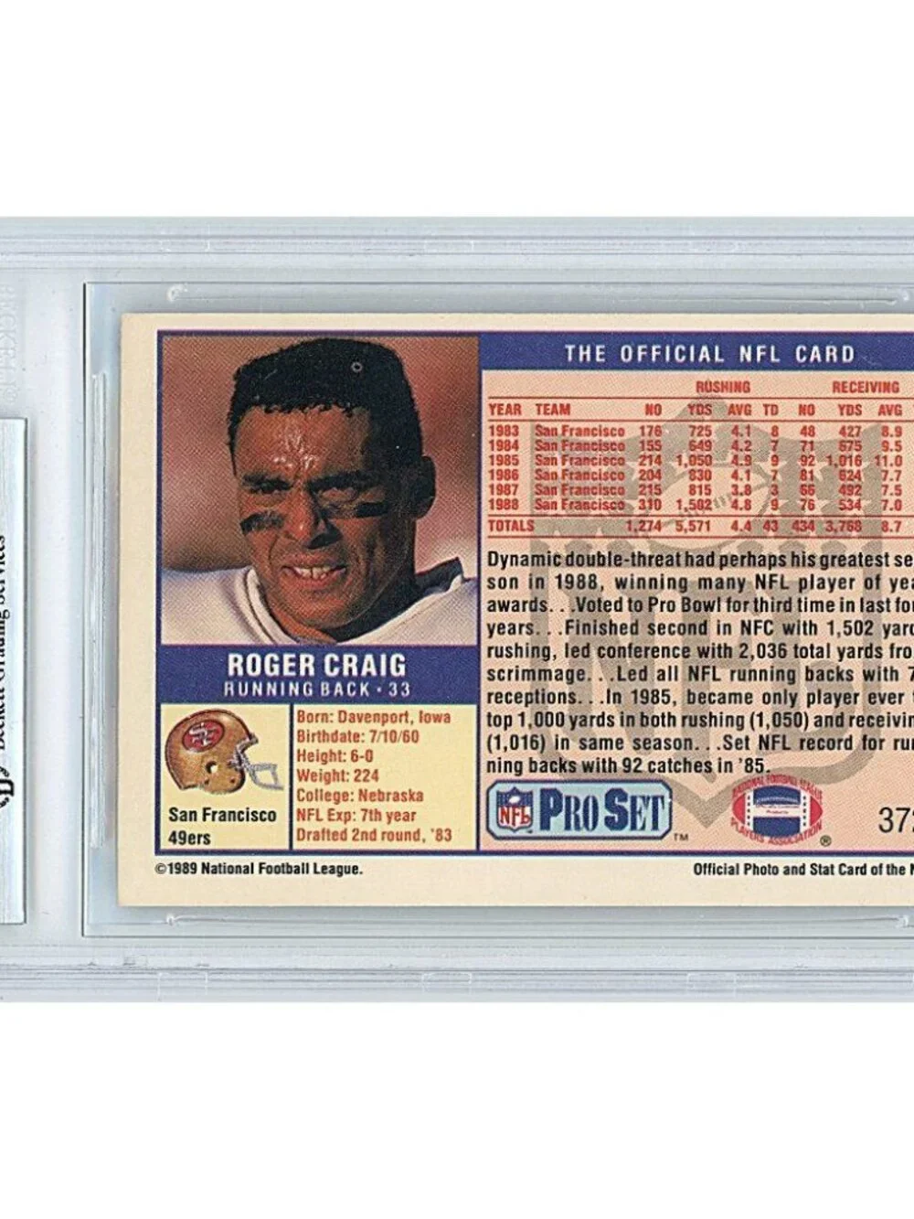 Roger Craig S.F. 49ers Signed 1989 Pro Set Football Card Beckett BAS Autographed